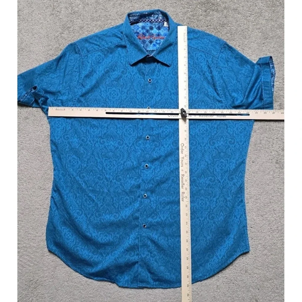 Robert Graham Mens XL Shirt S/S Blue Demask Geometric Paisley Floral Flip‎ Cuff - Picture 11 of 14